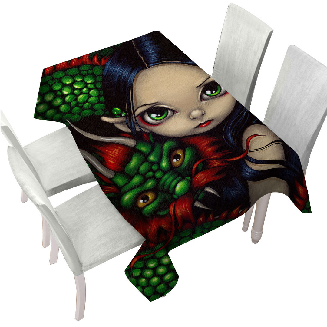 Tablecloth with Emerald Guardian Elf Maiden and Her Chinese Dragon