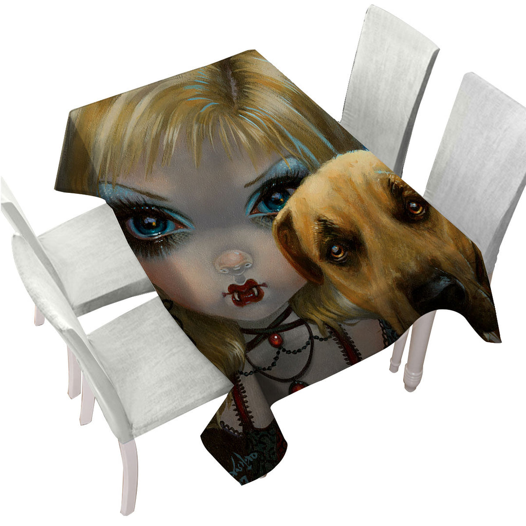 Tablecloth with Faces of Faery _241 Dog with Gothic Vampire Girl
