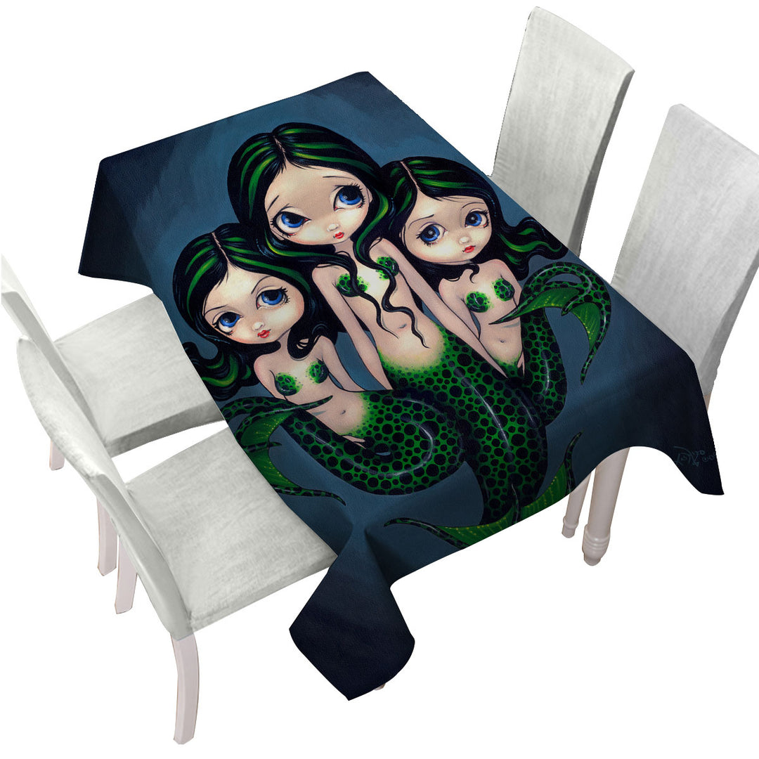 Tablecloth with Fantasy Art Green Mermaid Triplets