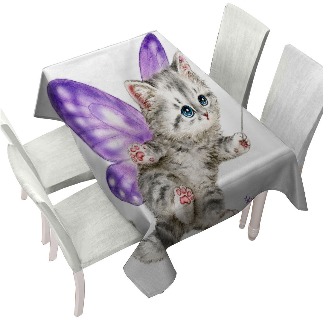 Tablecloth with Fun Cats Cute Purple Fairy Kitten