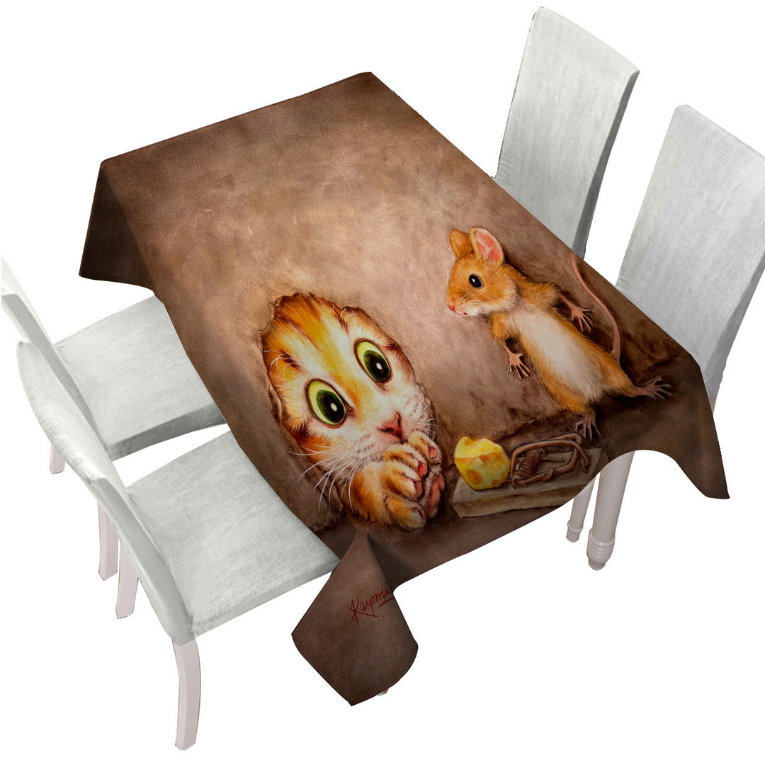 Tablecloth with Funny Cats Art Paintings Cat vs Mouse