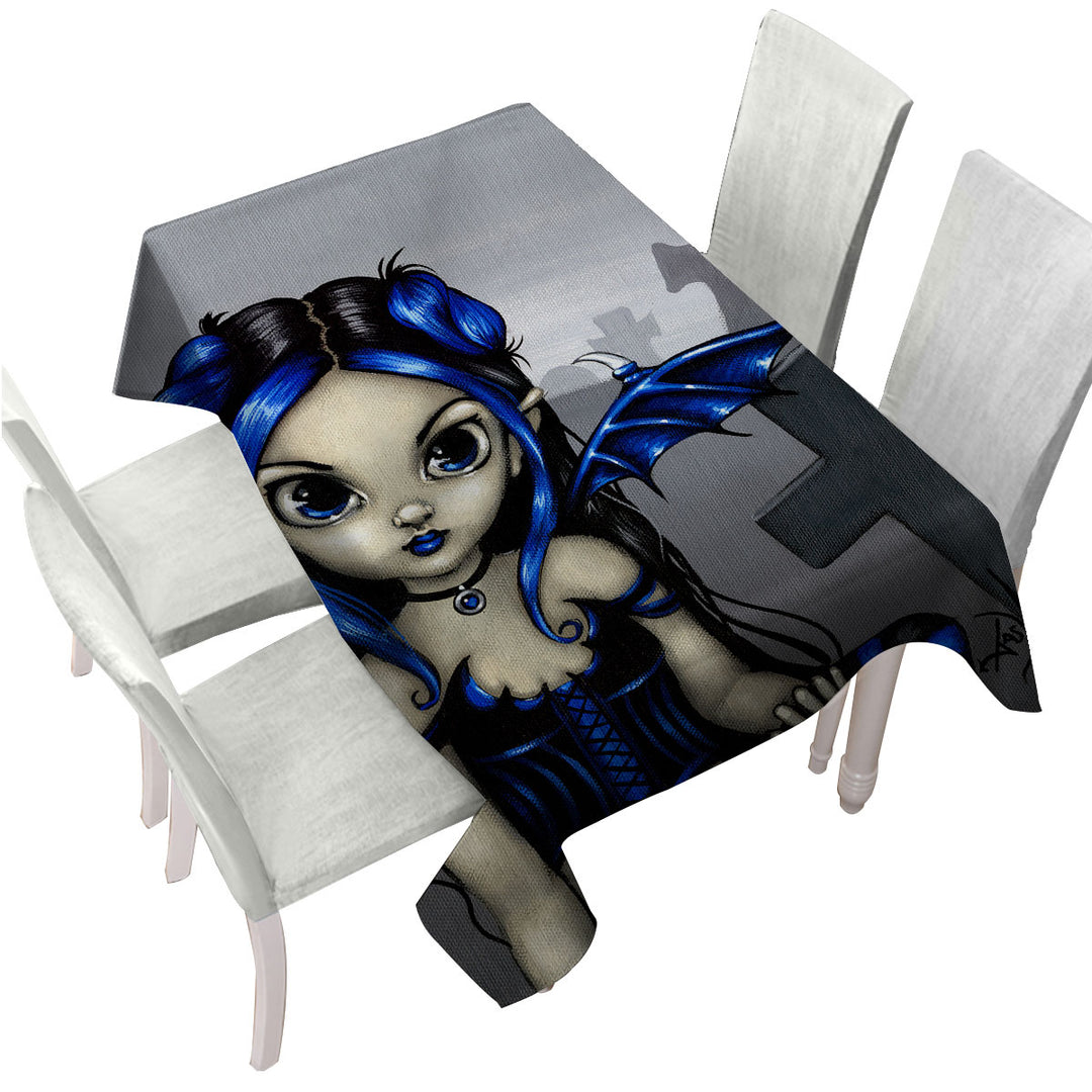 Tablecloth with Gothling Cute Blue Black Goth Fairy in a Cemetery