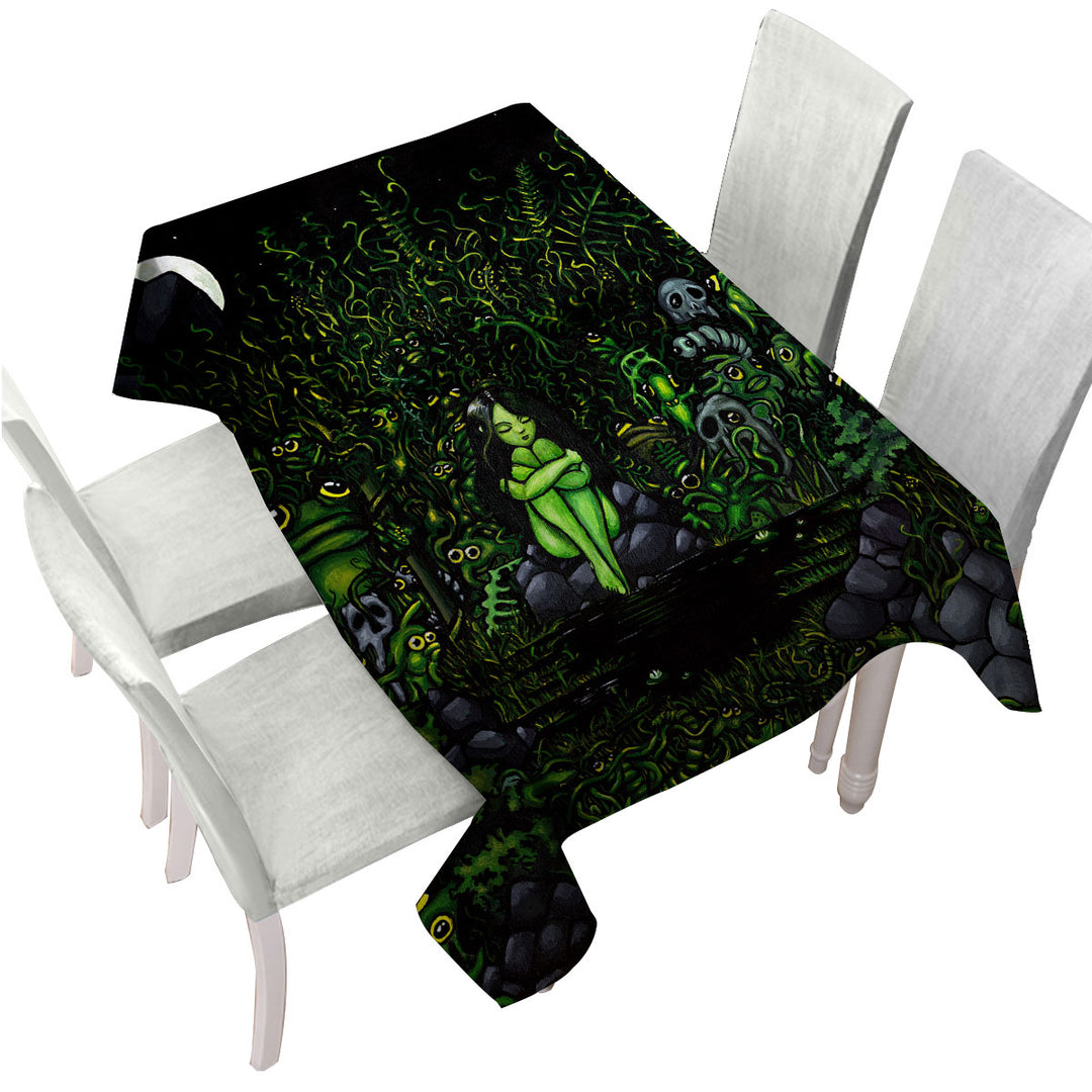Tablecloth with Green Wood Nymph Girl Surrounded by Odd Creatures