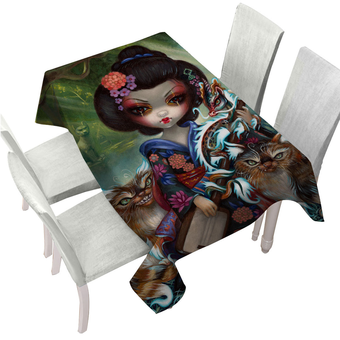 Tablecloth with Japanese Fantasy Art Geisha Girl Kirin and Bakeneko