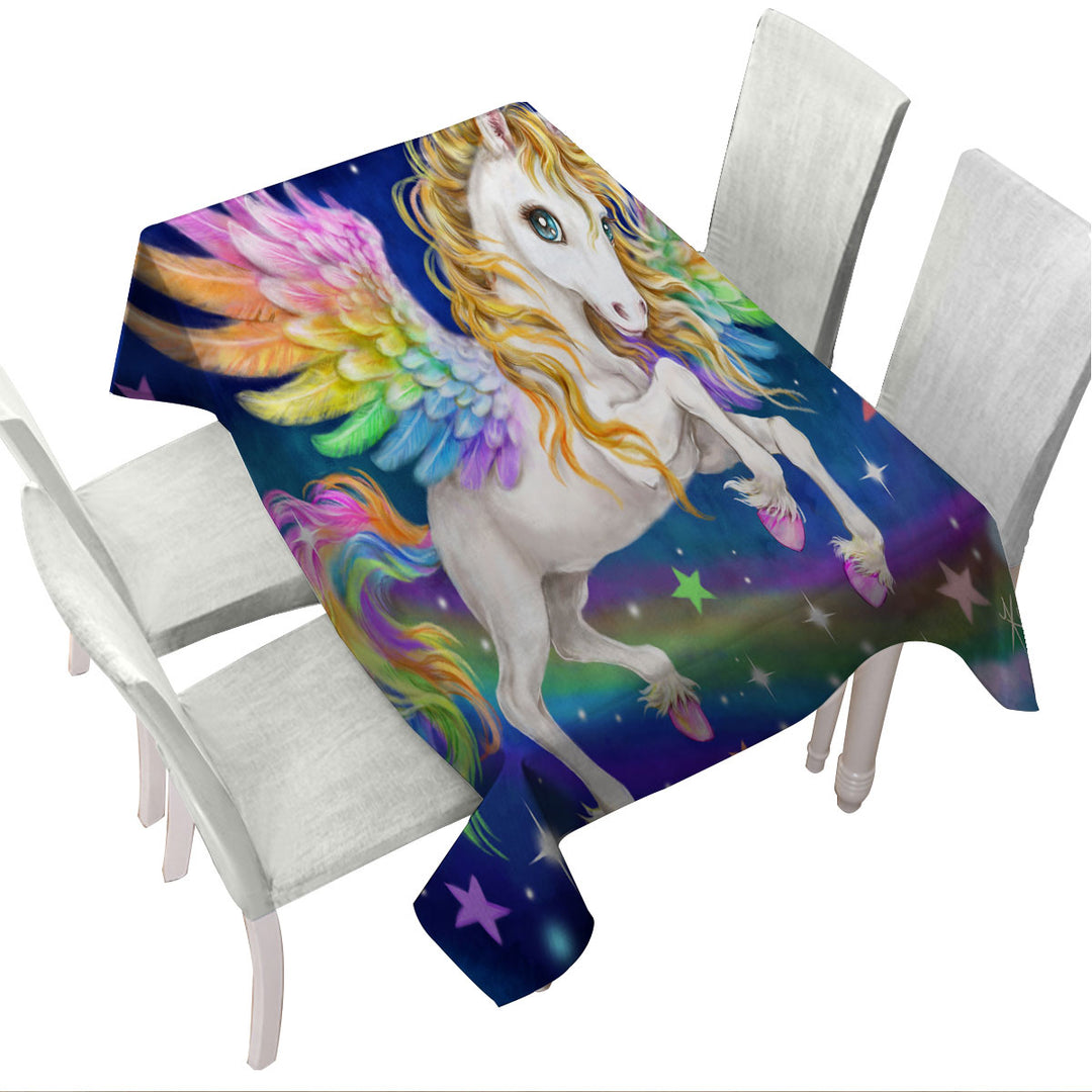 Tablecloth with Magical Starry Night Colorful Rainbow Pegasus