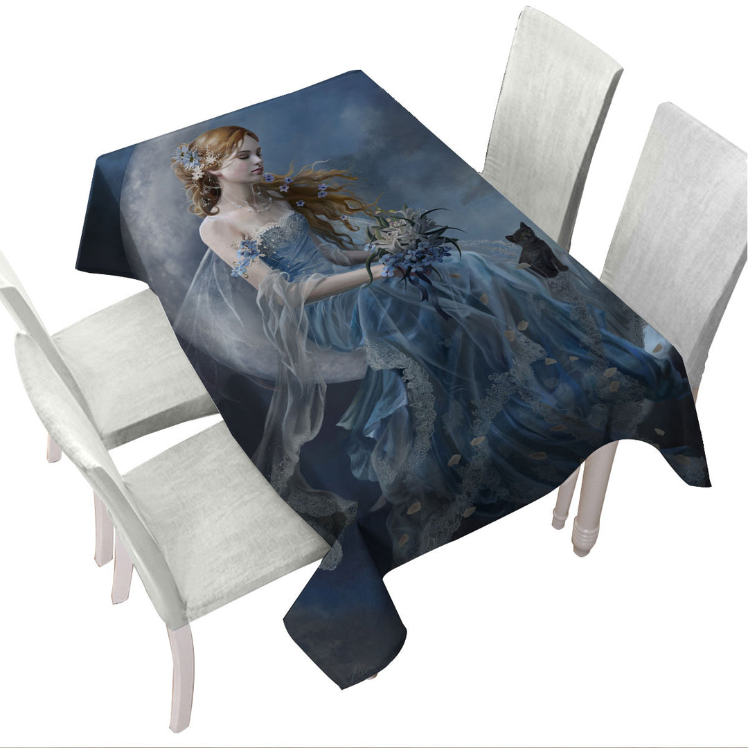 Tablecloth with Melancholy Beautiful Moon Fairy in Blue