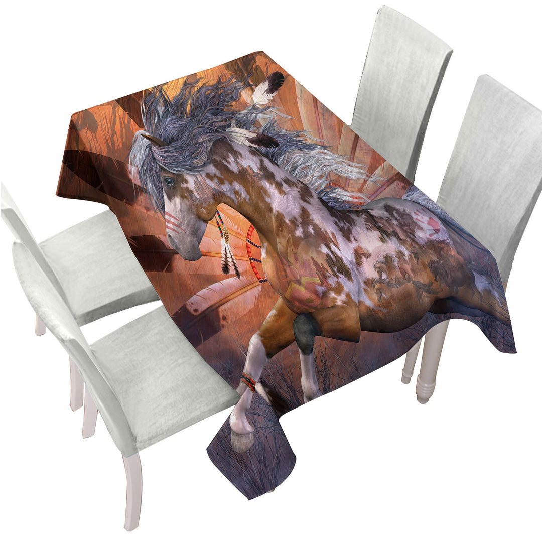 Tablecloth with Native American Art White Spots Brown Pinto Horse