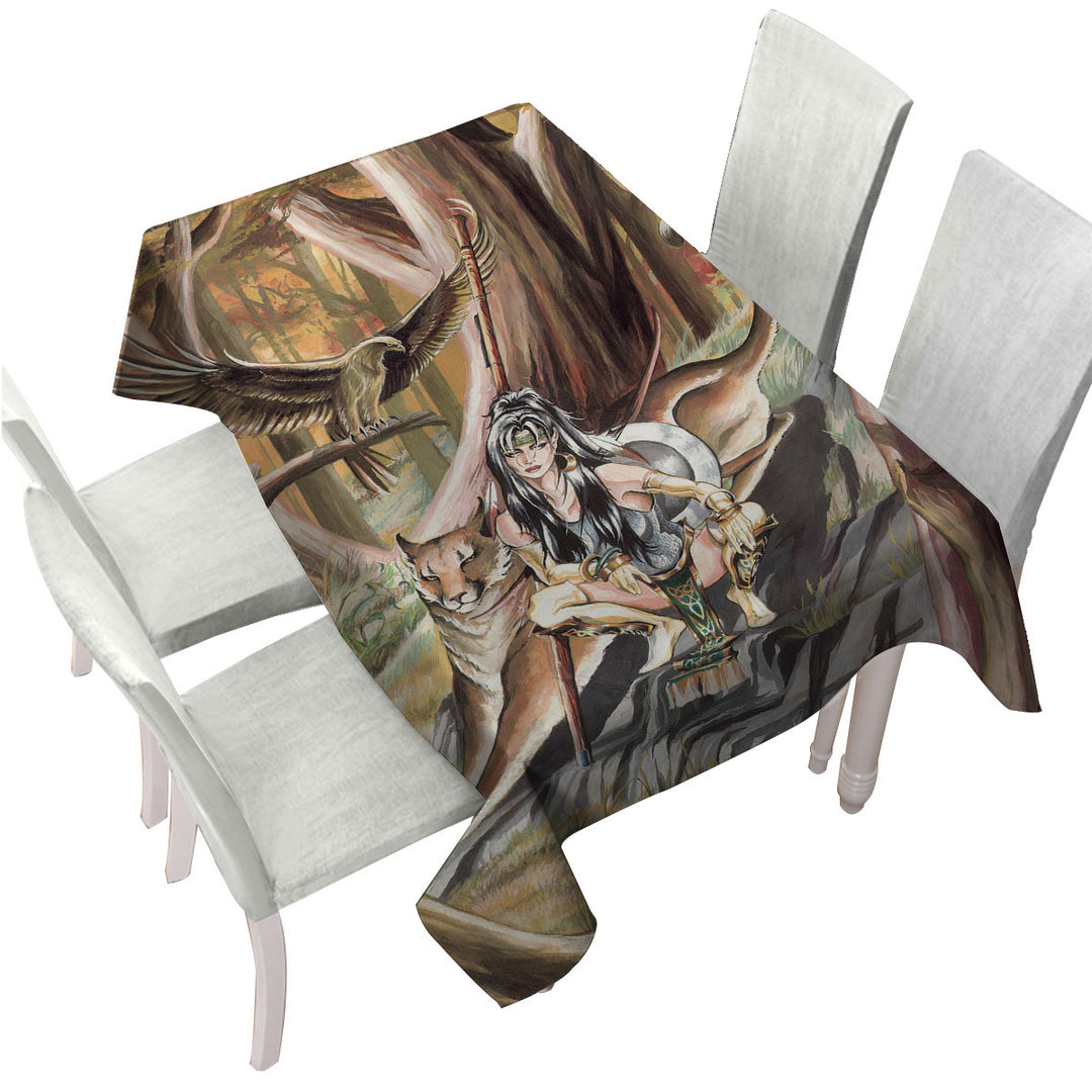 Tablecloth with Paths of Autumn Woman Warrior and Puma
