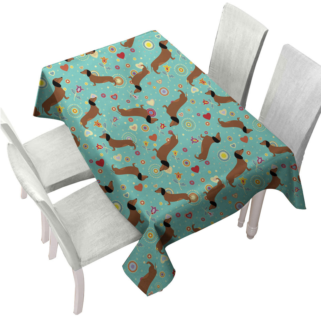 Tablecloth with Pattern of Heart Flower and Dachshund