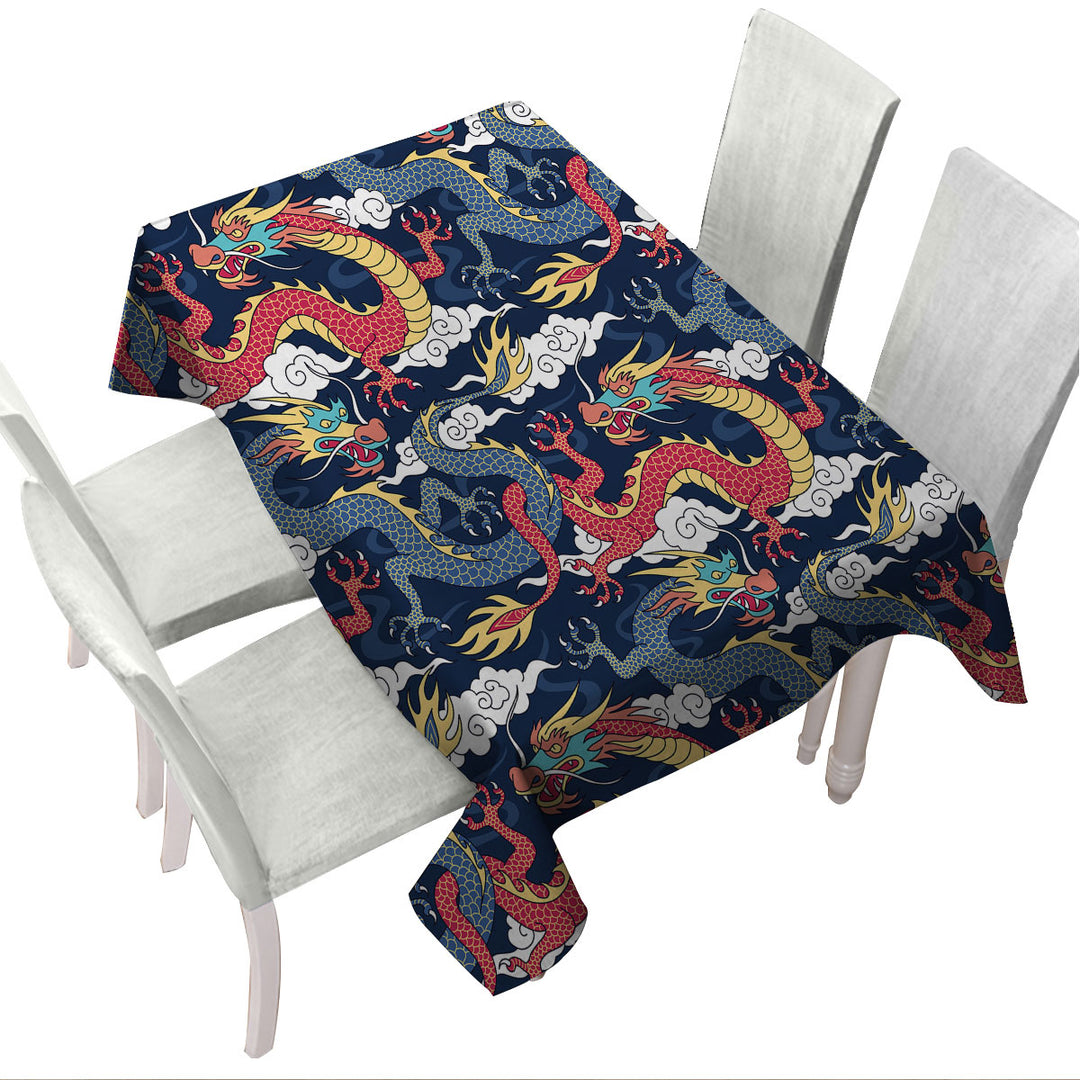 Tablecloth with Red and Blue Chinese Dragons