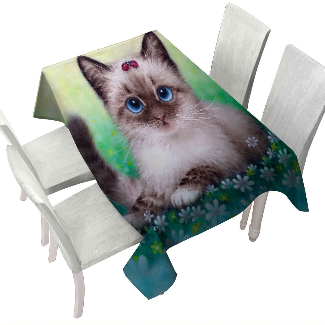 Tablecloth with Stunning Cat Painting Ladybugs and Kitten