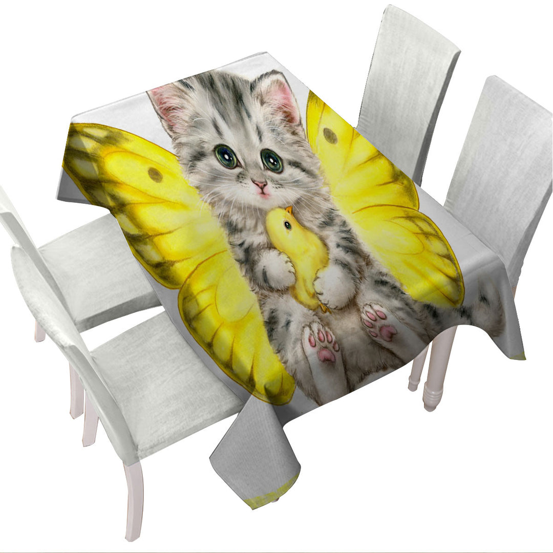 Tablecloth with Sweet Yellow Butterfly Kitten and Chick