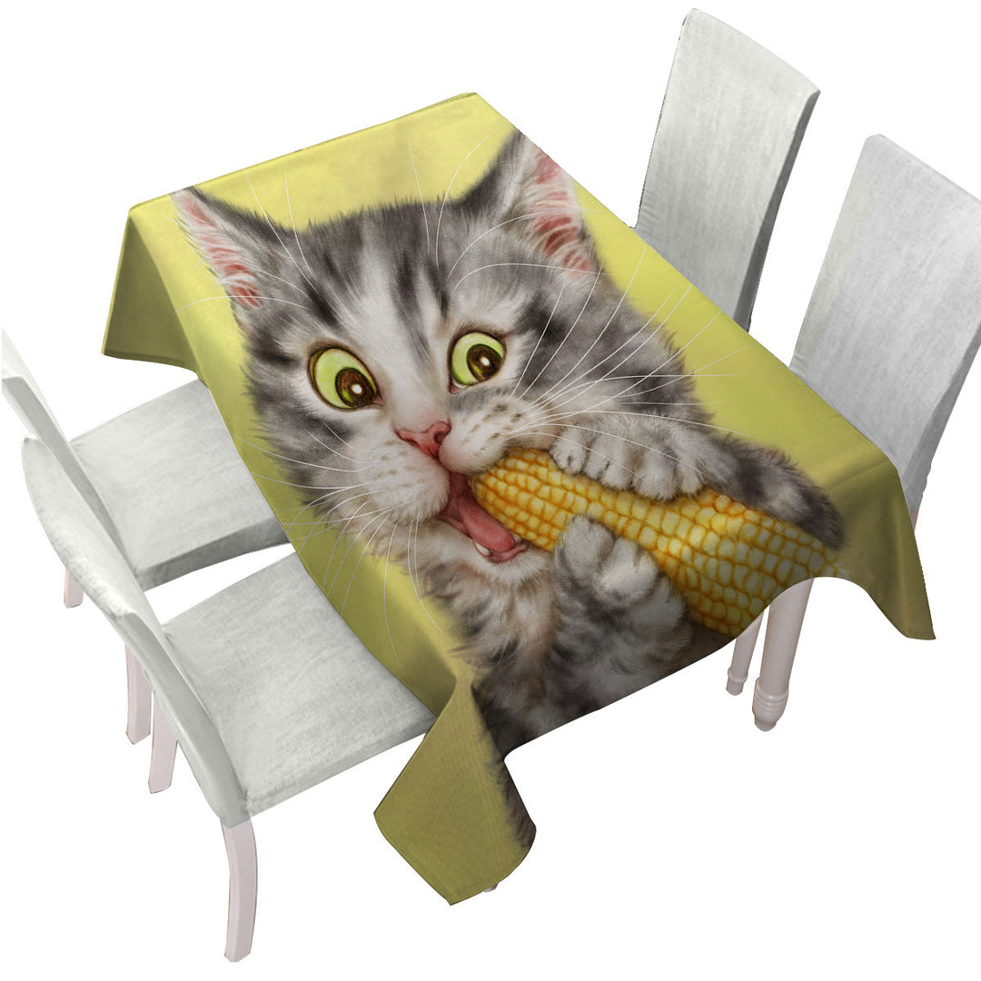 Tablecloths with Cats Funny Art Painting Grey Tabby Eating Corn