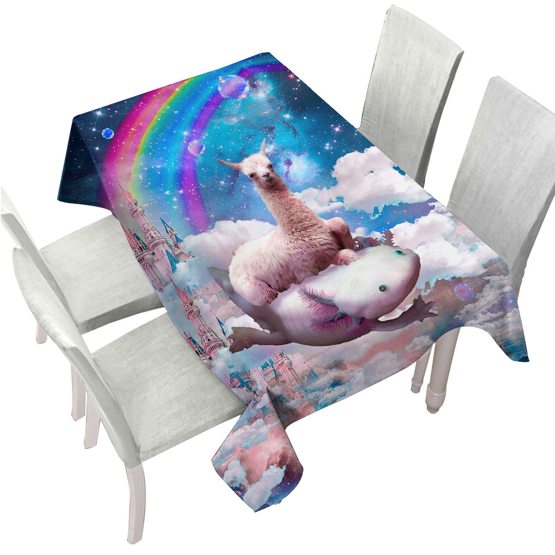 Tablecloths with Cool Fantasy Crazy Space Llama Riding Axolotl