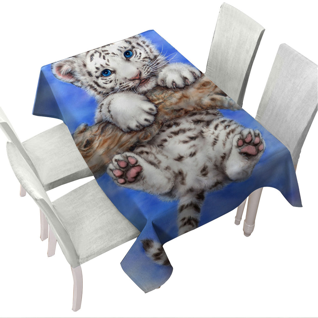 Tablecloths with Cute Animal Art White Tiger Cub Adventure