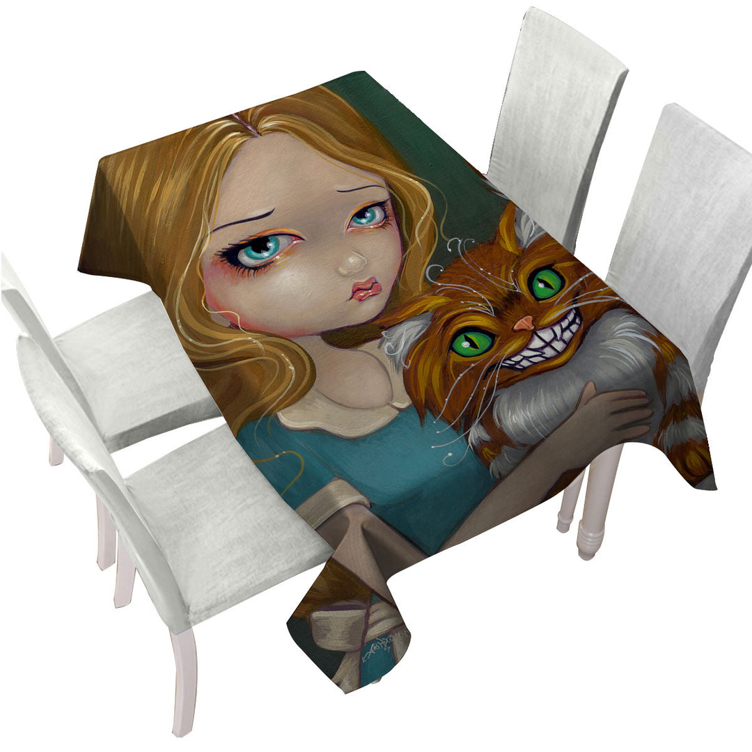 Tablecloths with Cute Fantasy Art Alice Cuddling the Cheshire Cat