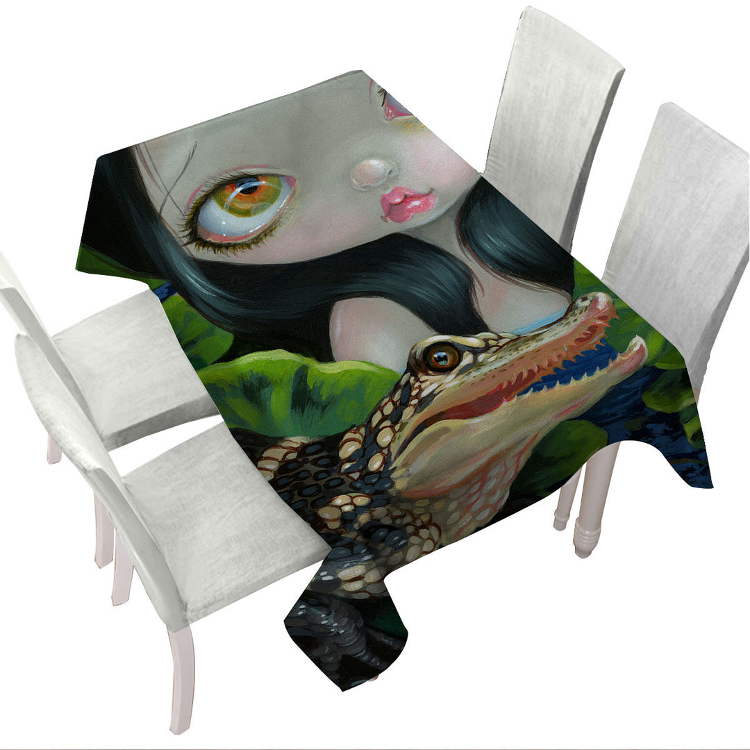 Tablecloths with Cute Fantasy Mermaid with a Baby Alligator