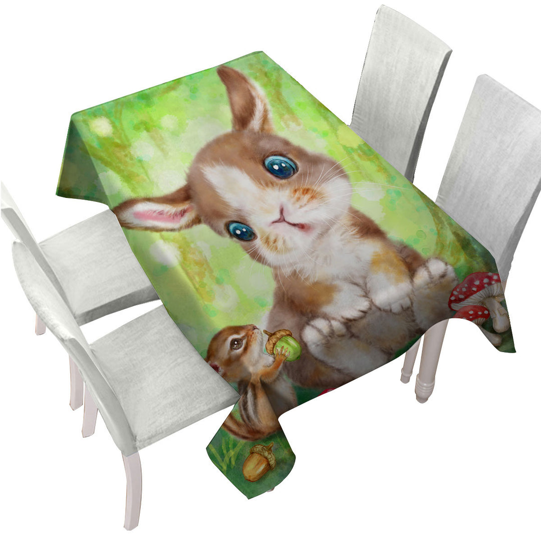 Tablecloths with Cute Kids Drawings Mushrooms Bunny and Chipmunk