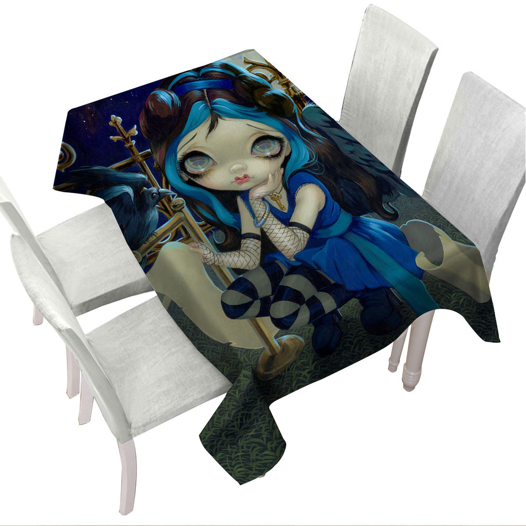 Tablecloths with Edgar Allan Poe the Raven Gothic Raven Winged Girl