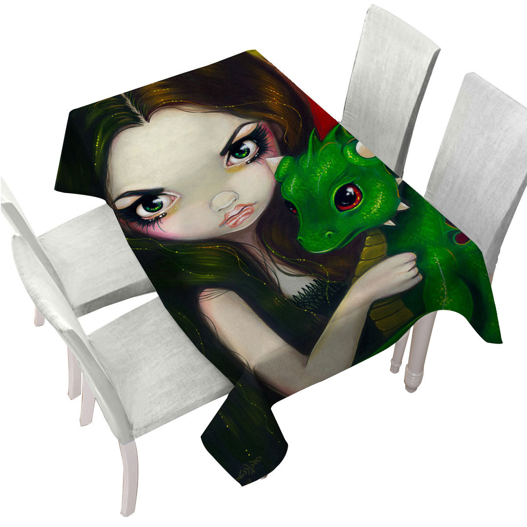 Tablecloths with Fantasy Art Girl and Baby Green Dragon