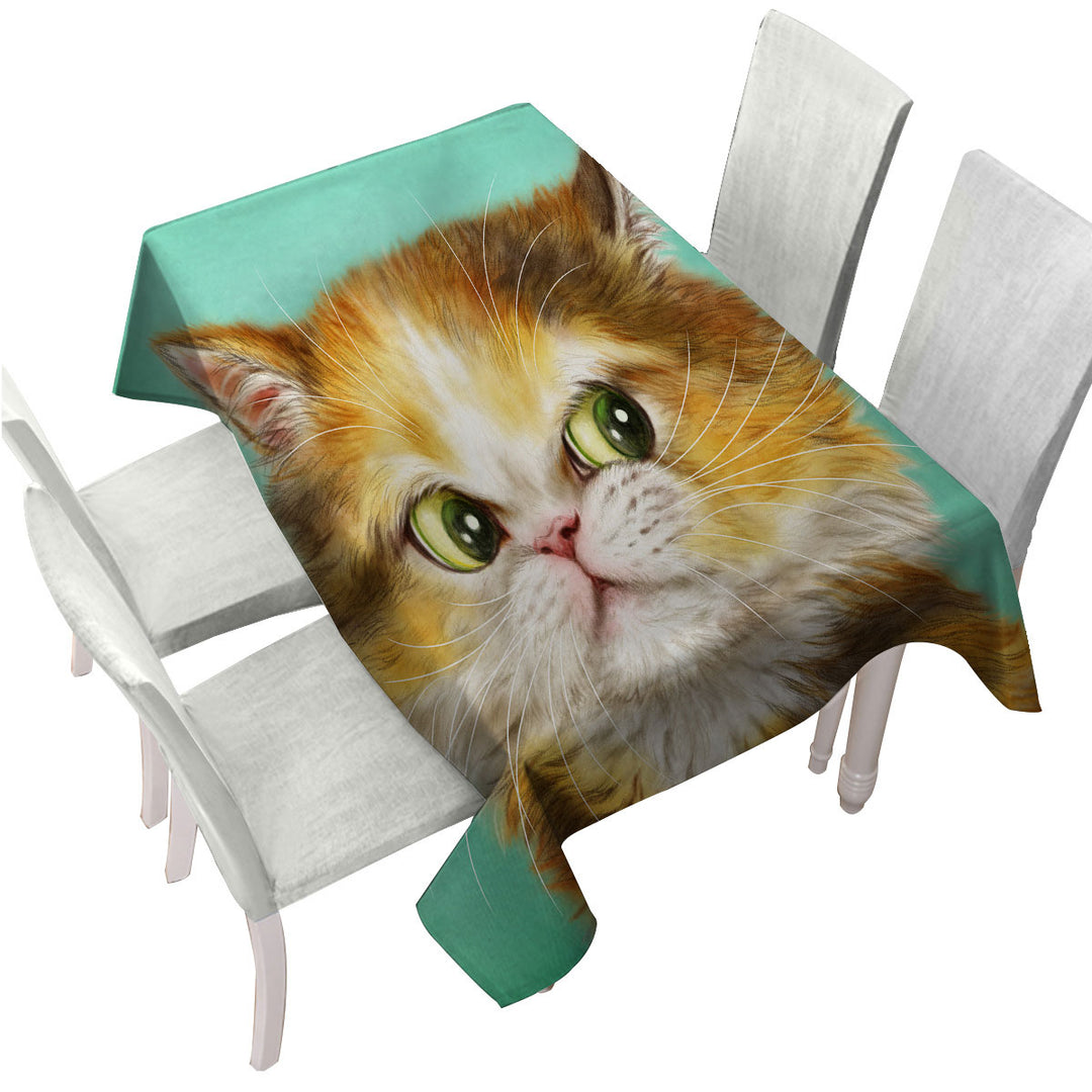 Tablecloths with Green Background Painted Furry Ginger Cat