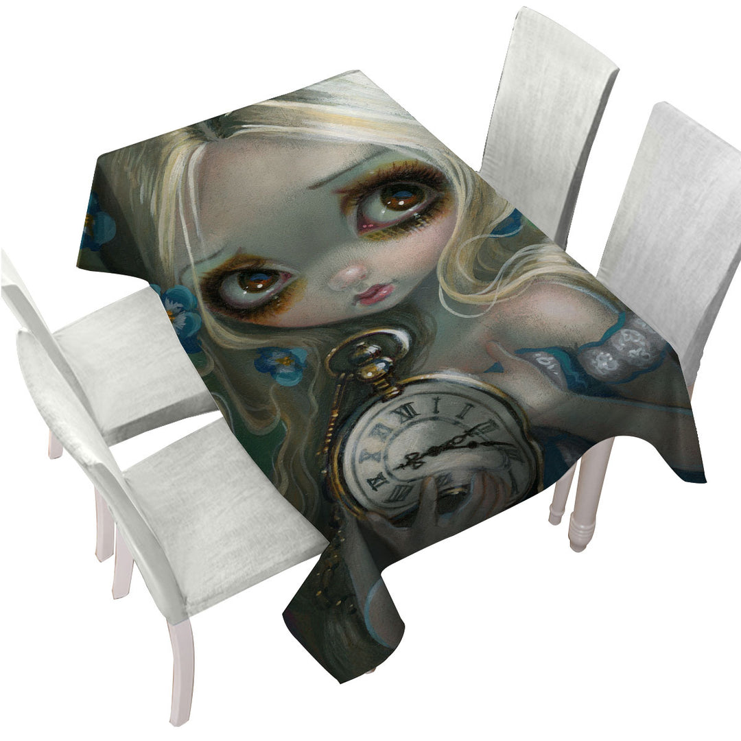 Tablecloths with Kids Fantasy Art Keeping Up Alice Holding a Clock