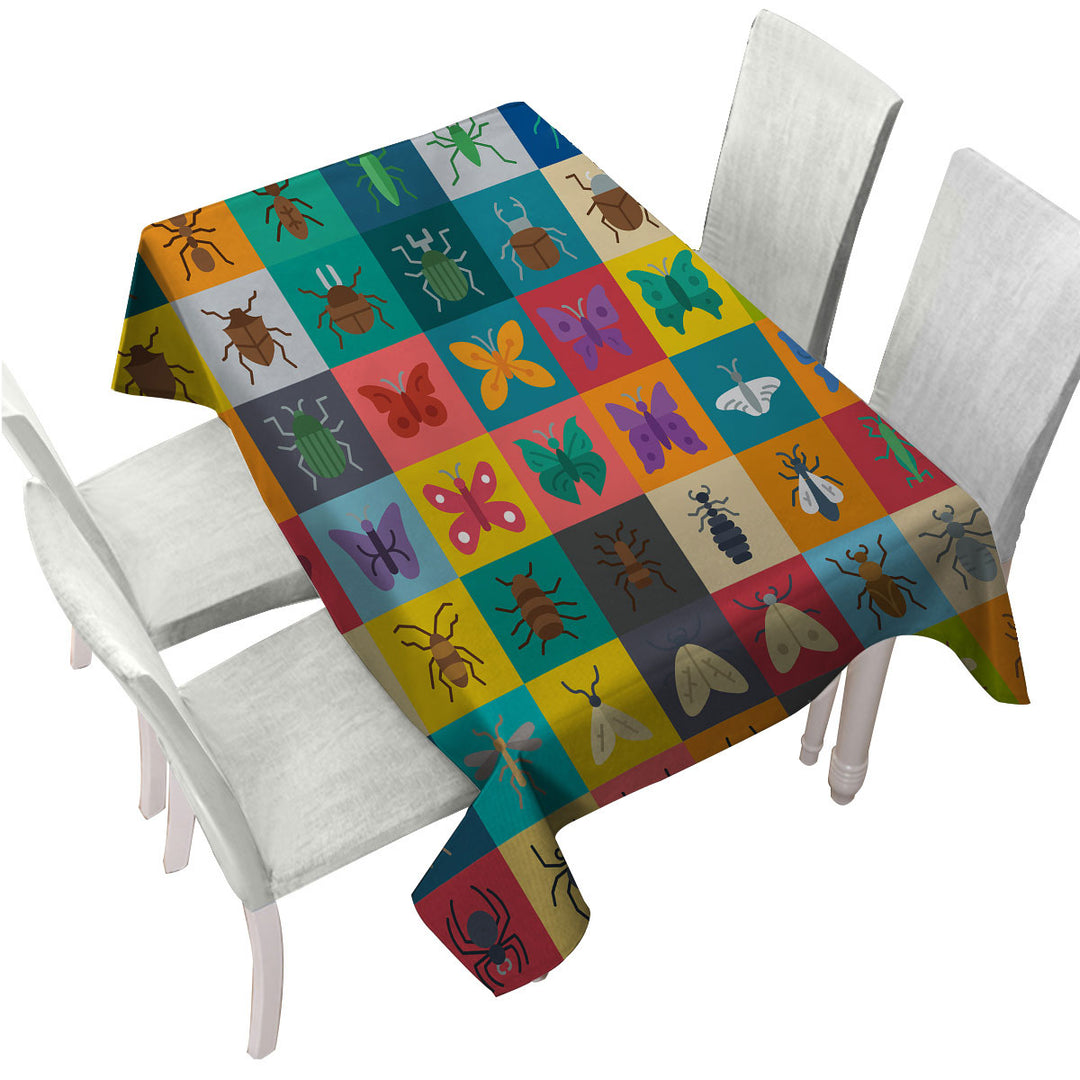 Tablecloths with Multi Colored Checkered Bugs and Insects