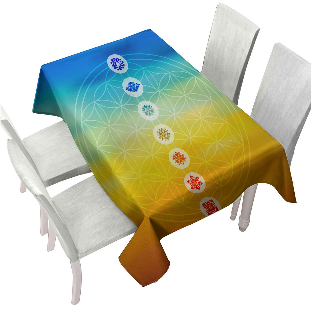Tablecloths with Multi Colored Spiritual Energy Yoga Symbols