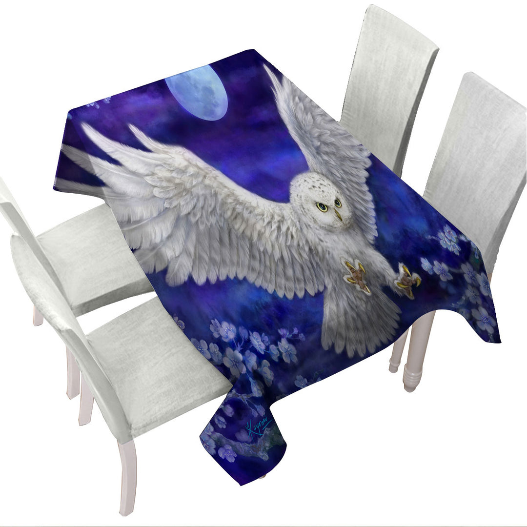 Tablecloths with Purple Skies Moon Flowers and White Owl
