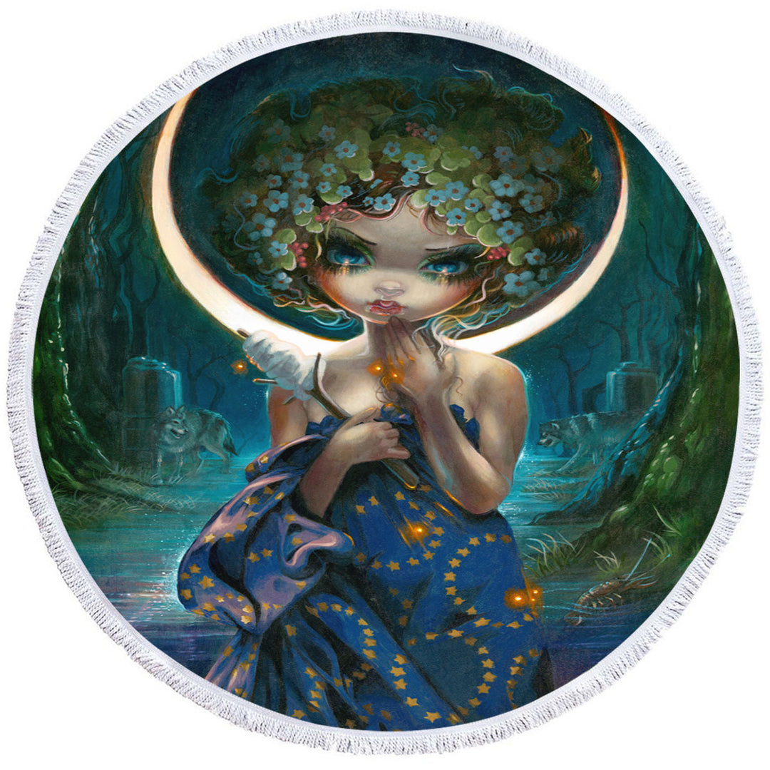The Moon Goddess Circle Beach Towel Forest Wolves and Beautiful Maiden