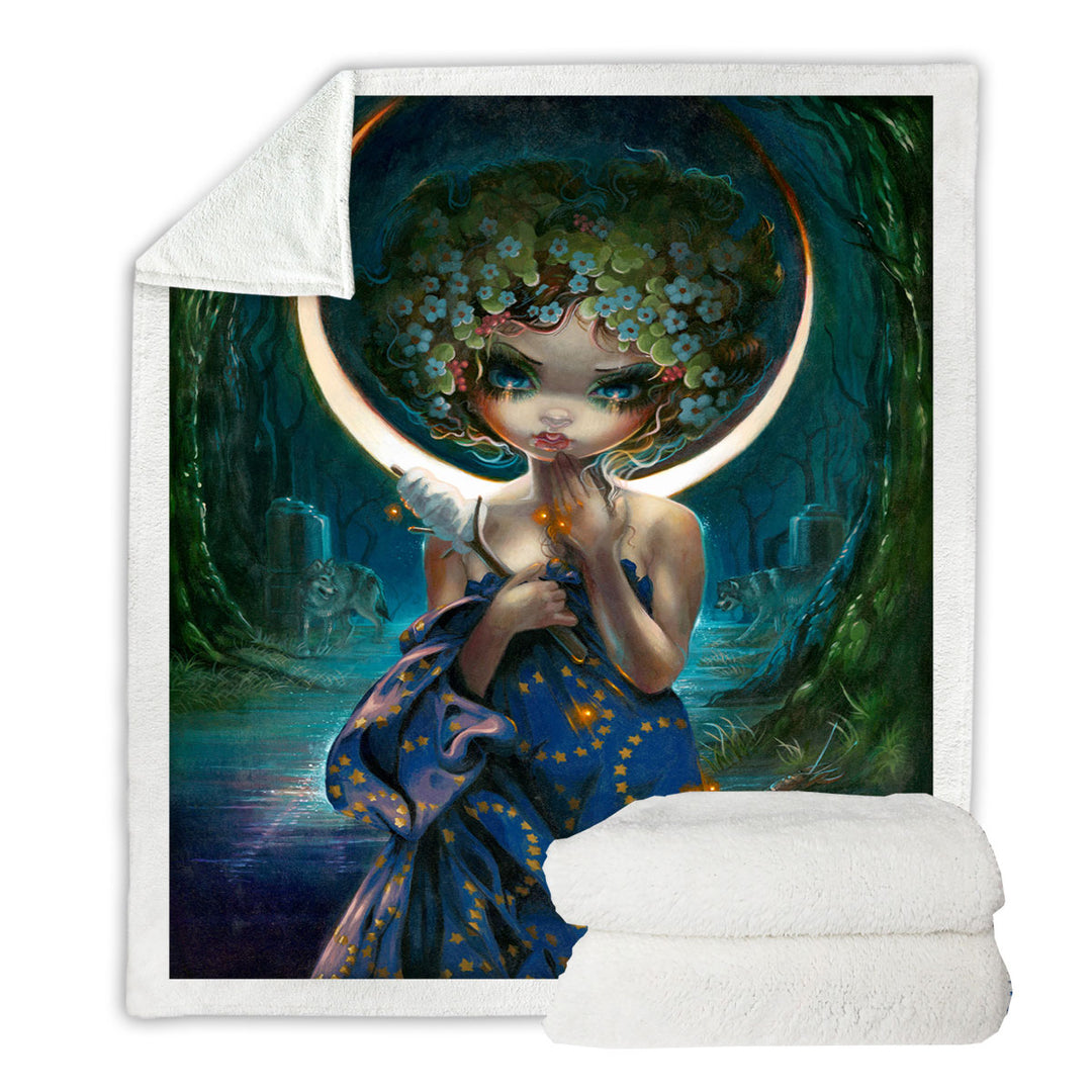The Moon Goddess Fleece Blankets Forest Wolves and Beautiful Maiden