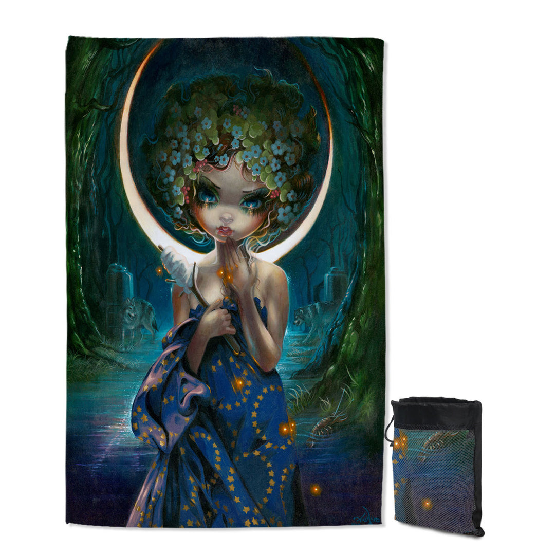 The Moon Goddess Quick Dry Beach Towel Forest Wolves and Beautiful Maiden
