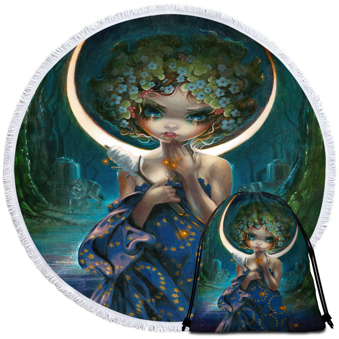 The Moon Goddess Round Beach Towel Forest Wolves and Beautiful Maiden