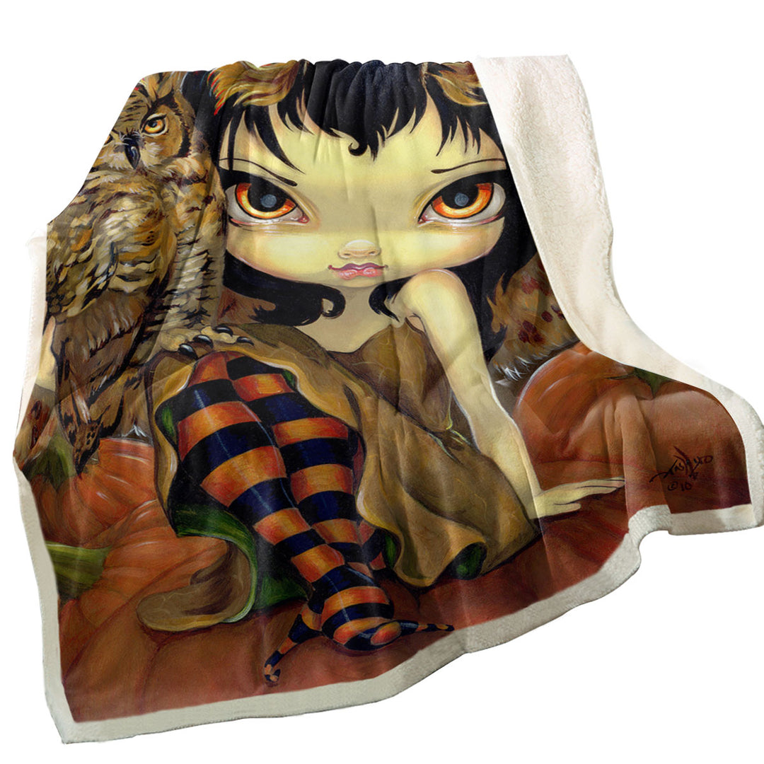 The Owl Fairy Owlyn in Autumn Sitting on Pumpkins Sherpa Blanket