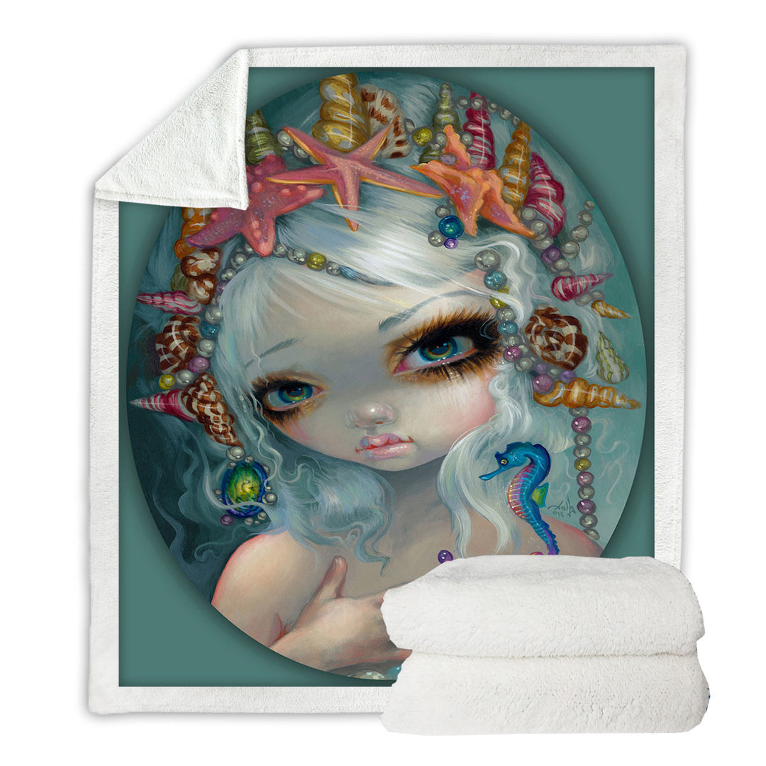 Throw Blanket with Seashell Princess Beautiful Doe Eyed Mermaid