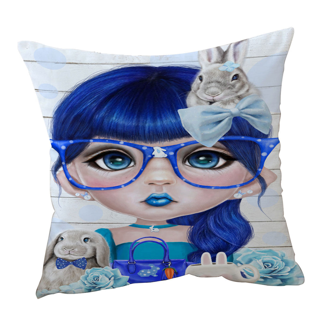 Throw Pillows with Bunny loving Bethany Blue Girl