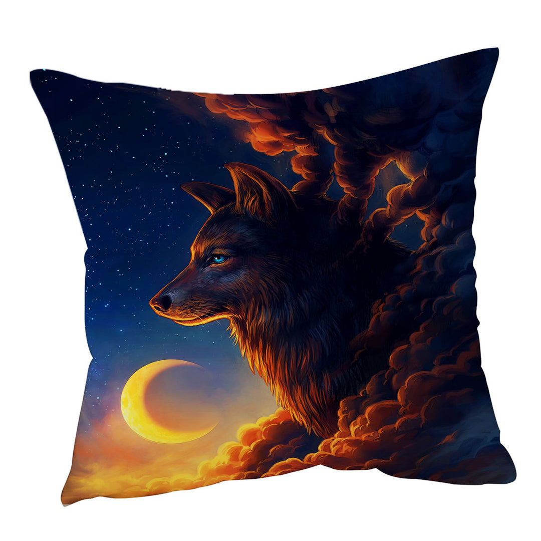 Throw Pillows with Wolf Art Moon Night Guardian