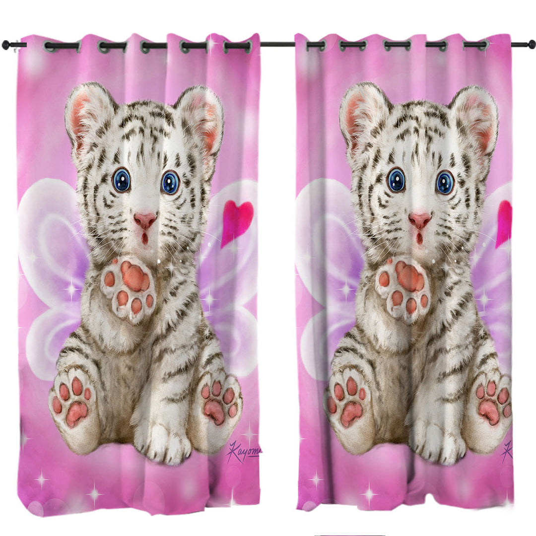 Throwing a Kiss Adorable White Tiger Cub Fairy Drapes for Living Room