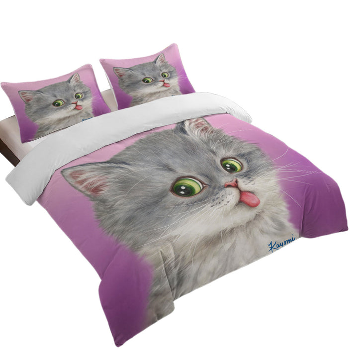 Tongue Out Funny Face Grey Kitten Cat Coverlets