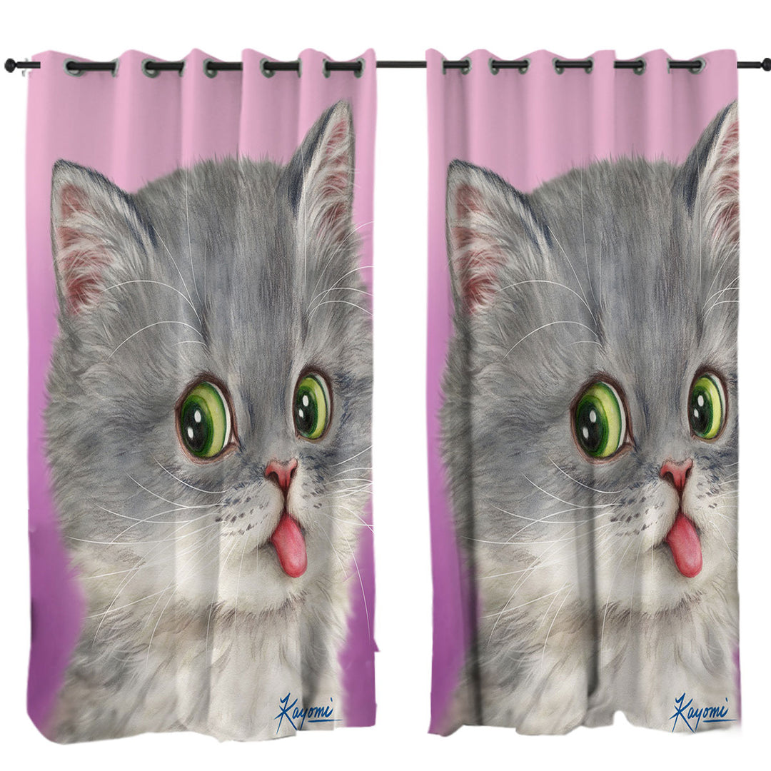 Tongue Out Funny Face Grey Kitten Cat Curtain