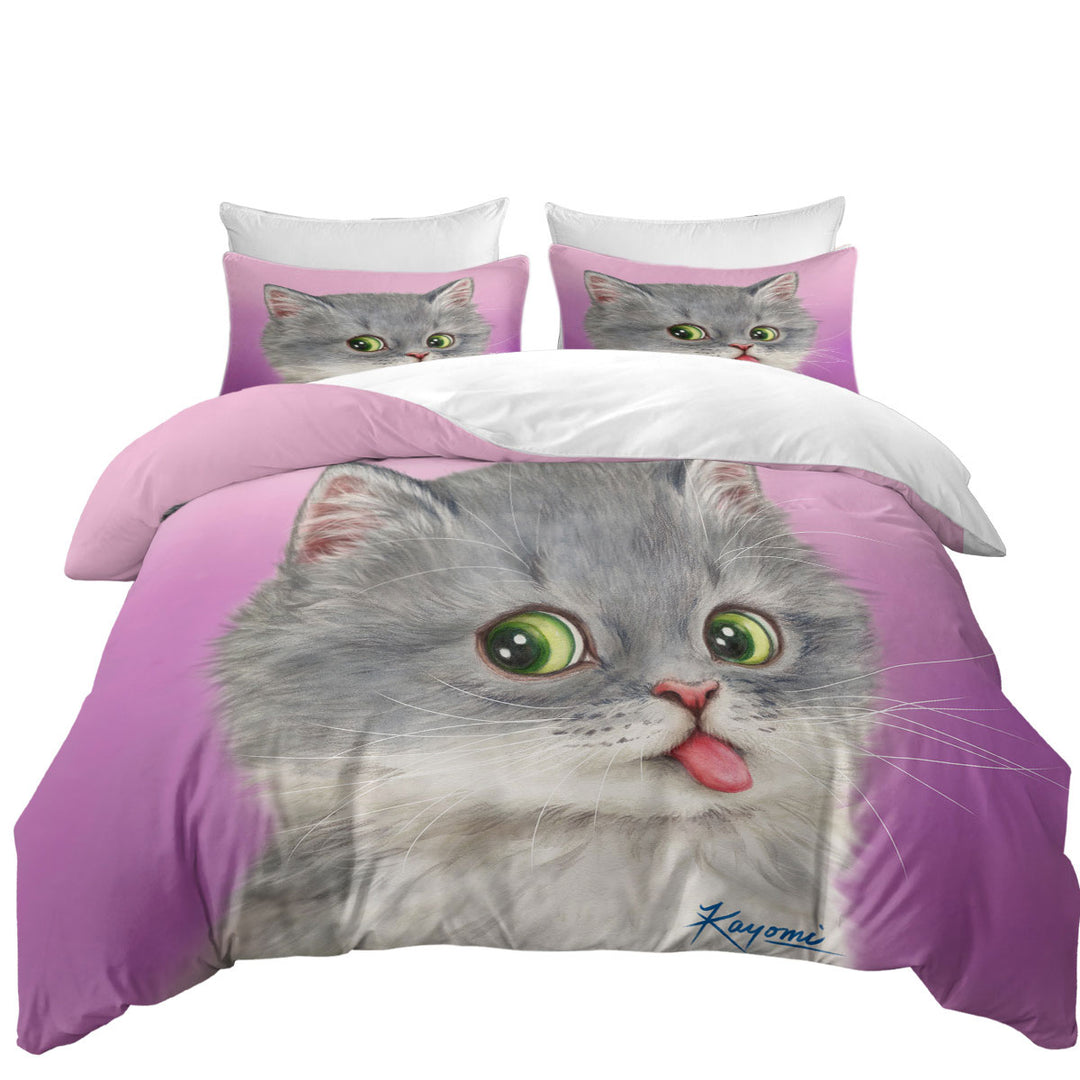 Tongue Out Funny Face Grey Kitten Cat Duvet Cover