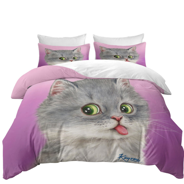 Tongue Out Funny Face Grey Kitten Cat Duvet Cover