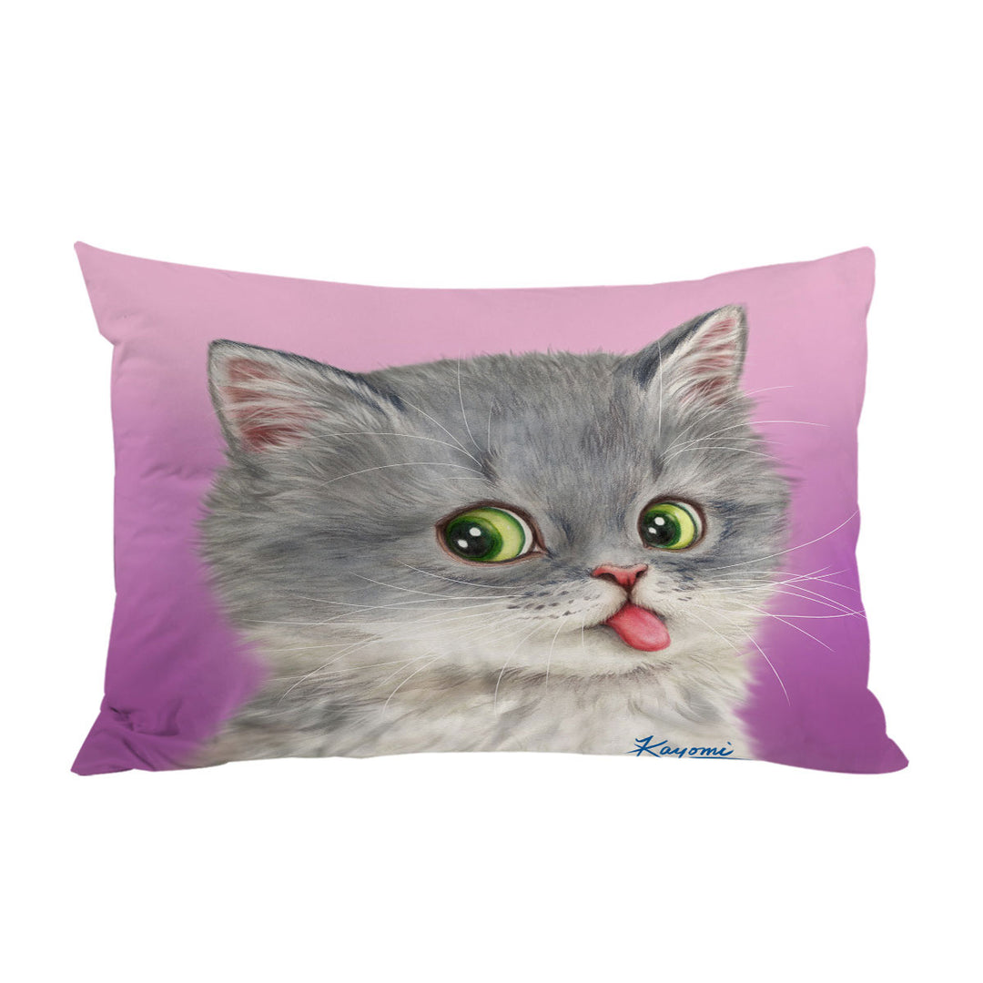 Tongue Out Funny Face Grey Kitten Cat Pillowcase
