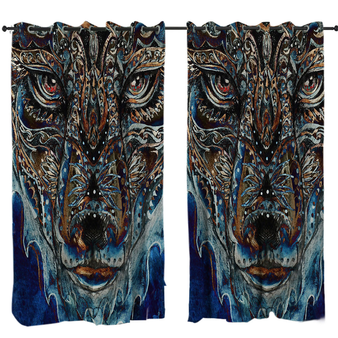 Tough Native American Wolf Painting Curtains for Living Room
