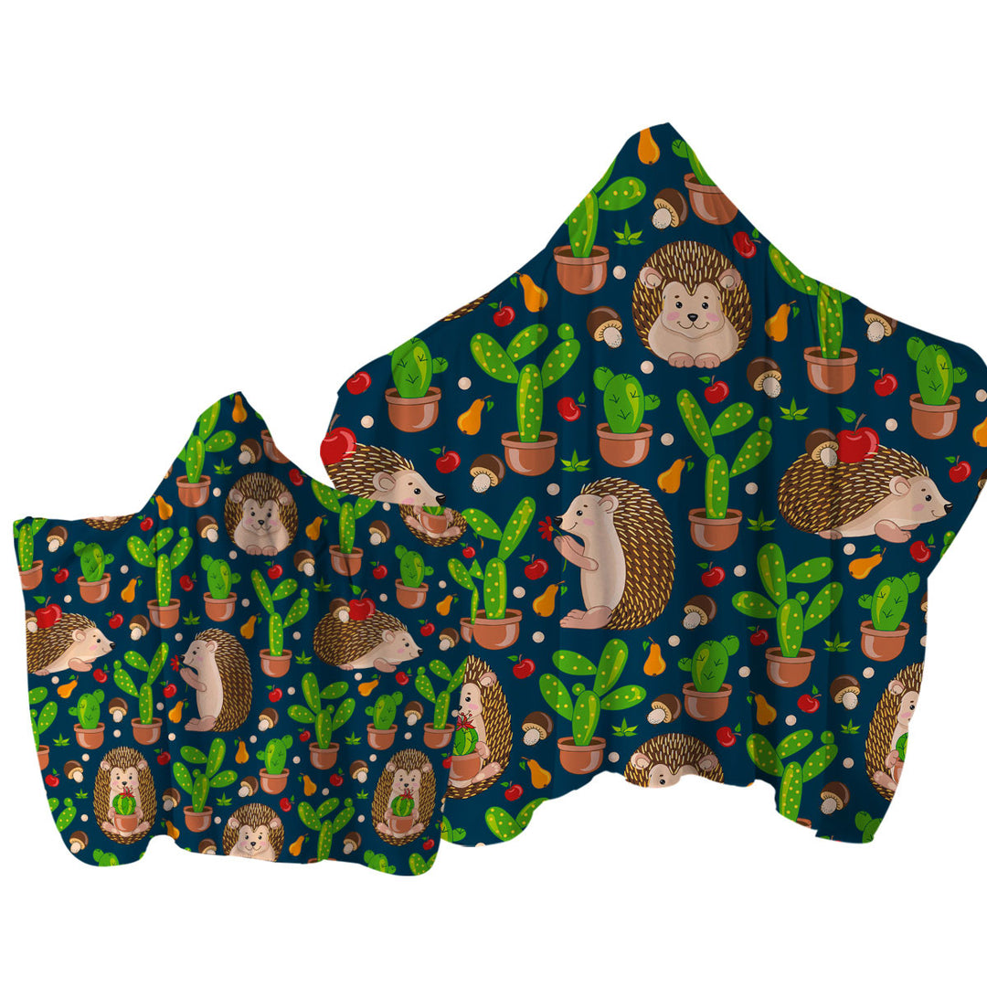 Towel Hoodie with Cute Hedgehog and Cactus