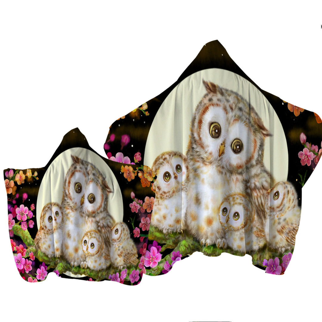 Towel Hoodie with Flowers and Moonlight Lullaby Cute Owl Family