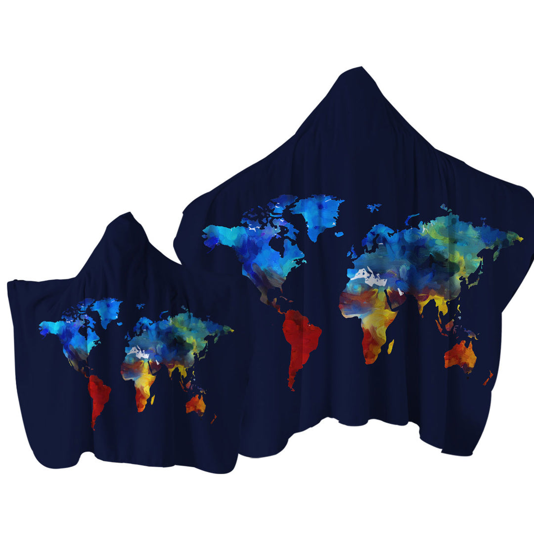 Towel Hoodie with Painted World Map Blue to Red