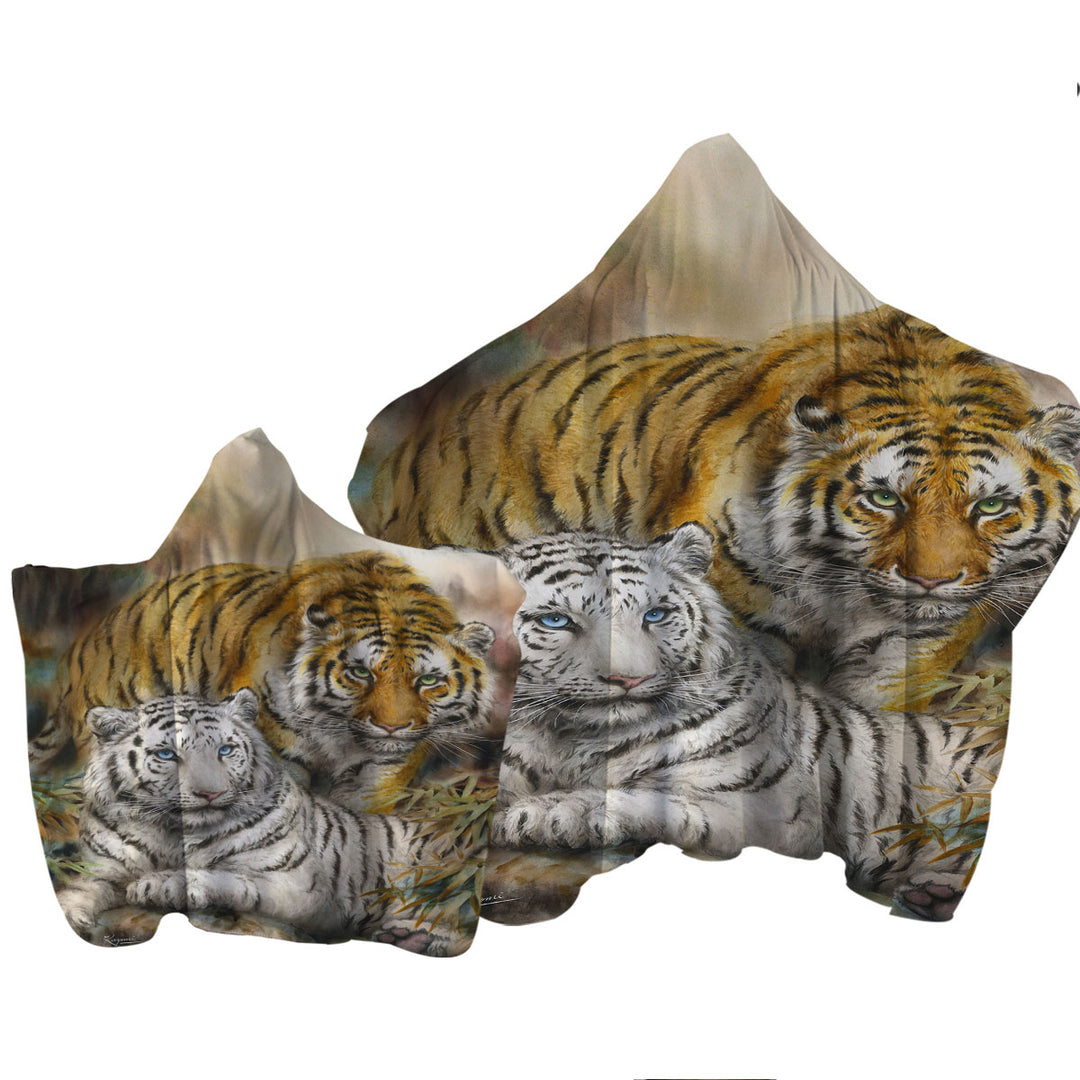 Towel Hoodie with Wildlife Art Drawing White and Orange Tigers