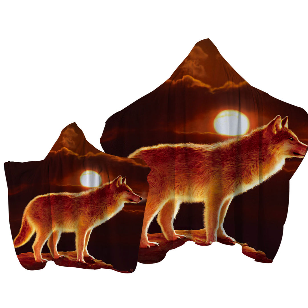 Towel Hoodie with Wildlife Art Sunset Wolf