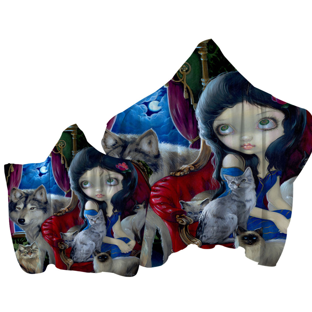 Towel with Hood with Call of the Night Wolf Cats and Beautiful Girl